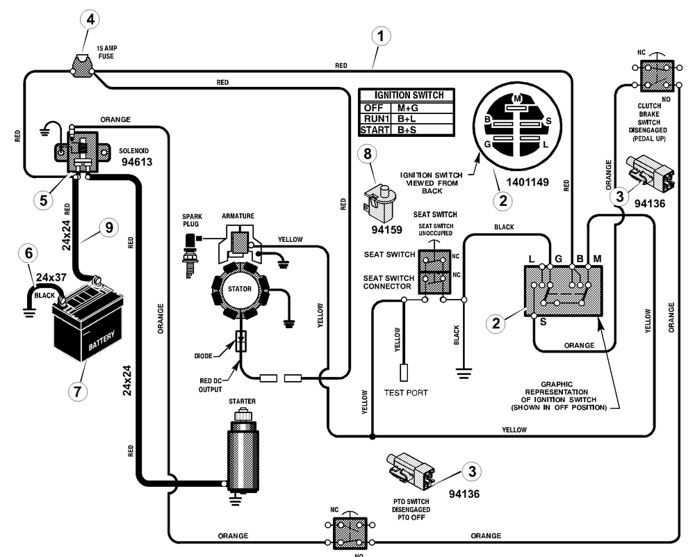 Electrical System Diagram and Parts List for 309012X11A 2001 Briggs and Stratton Lawn Tractor